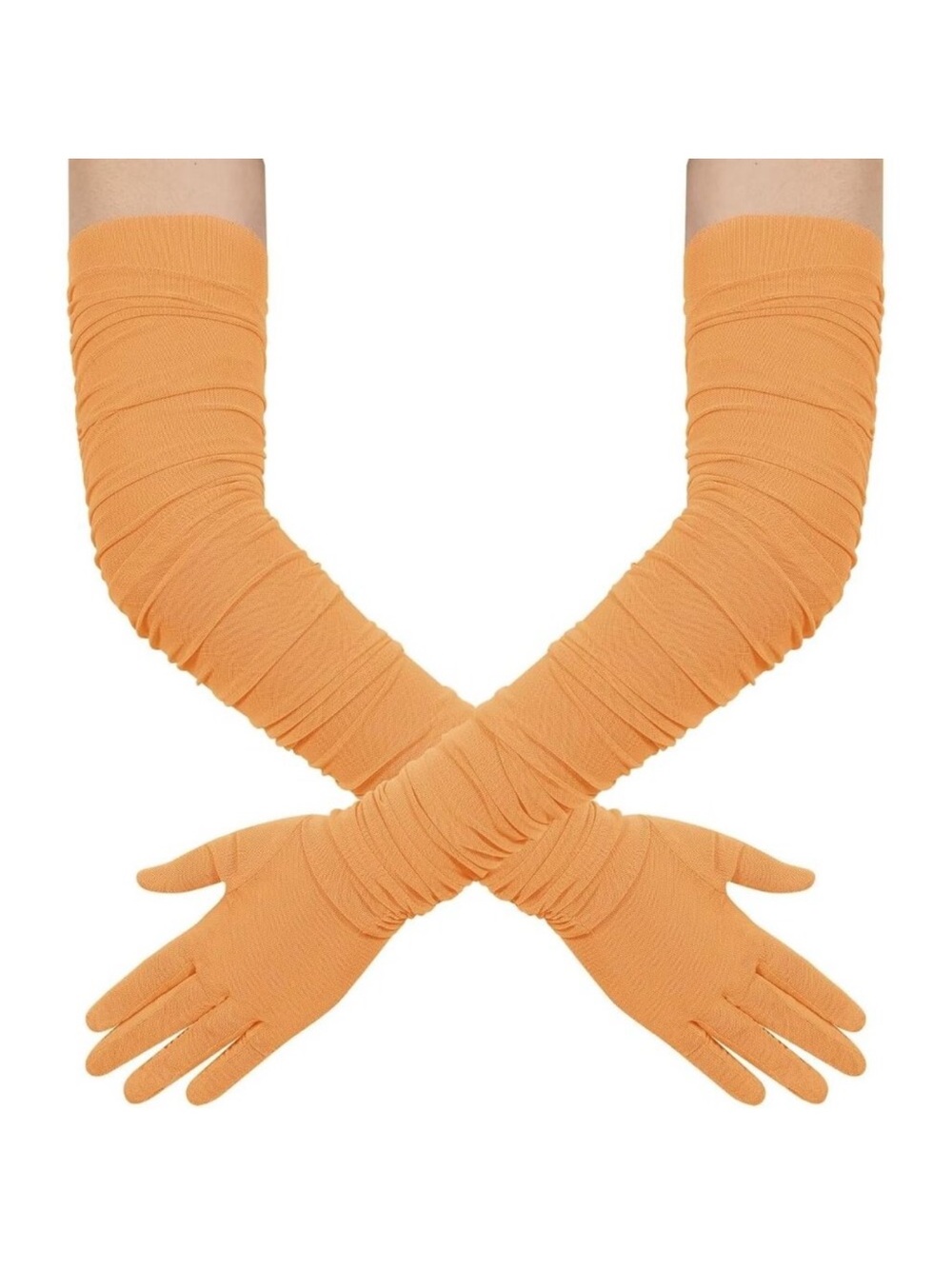 Women's Orange Stretchy Tulle Spandex Mesh Sheer Satin Long Gloves Party Prom